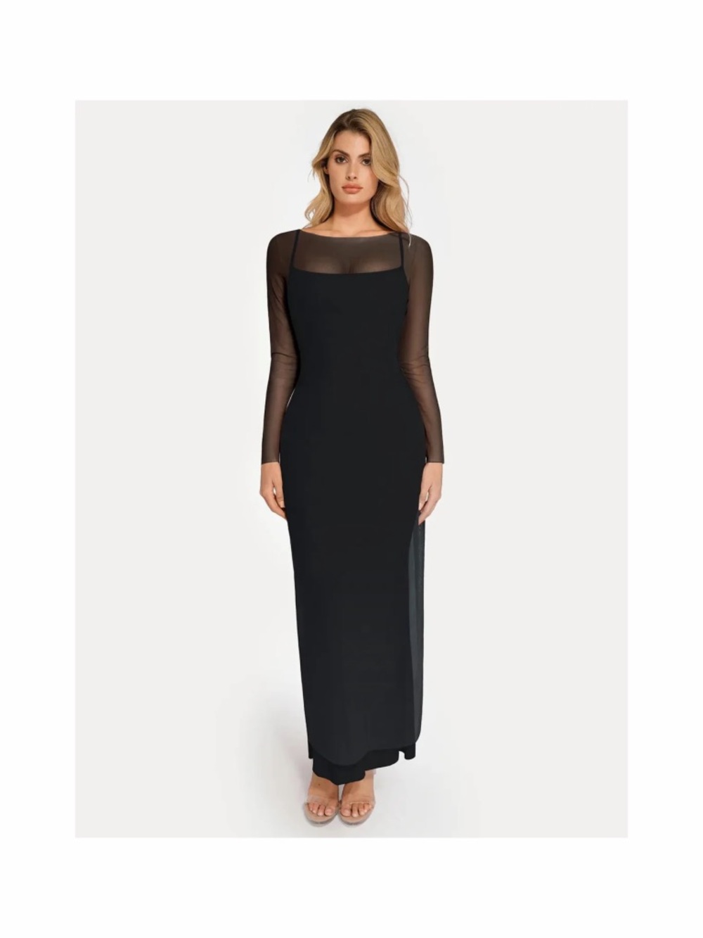 Popilush Black Mesh Coverup Maxi Dress Size M Long Sleeve Boat Neck Minimalist